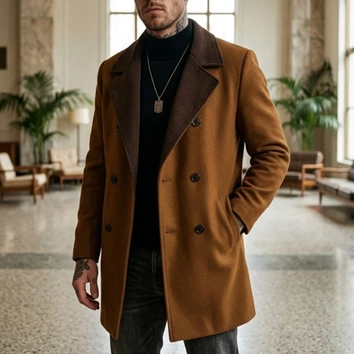 European-style Color-block Suit Jacket For Men, Long Coat With Double-breasted B - product listing photo