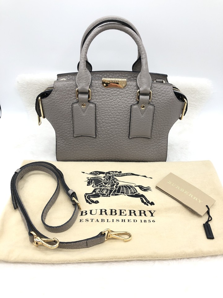 Authentic Burberry 2-Way Handbag Grey Leather Tote Satchel Bag Excellent Rank A