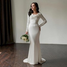 White Cowl Neck Long Sleeve Satin Mermaid Wedding Dress Bridal Gown Zipper Back