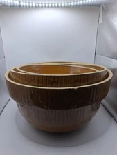 Pottery Primitive Antique Brown Picket Fence Bowl 3 Piece Set Mixing Bowls