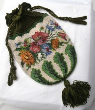 Antique Victorian Floral Beaded Purse Reticule Bag Pink Blue Orange Flower Roses