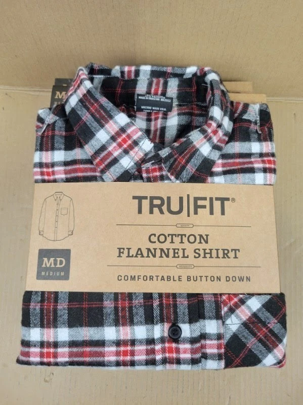 NWT TRU|FIT Men's Cotton Flannel Shirt Red Grey Black Plaid Button Down image 1