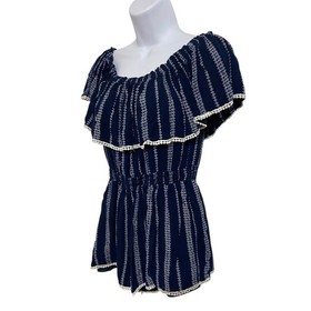 Lulus Navy White Embroidered Off Shoulder Ruffle Romper Boho Coastal Size Medium