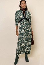 Rixo Petra Keyhole Green Alpine Starlet Floral Midi Dress Size XL UK 16