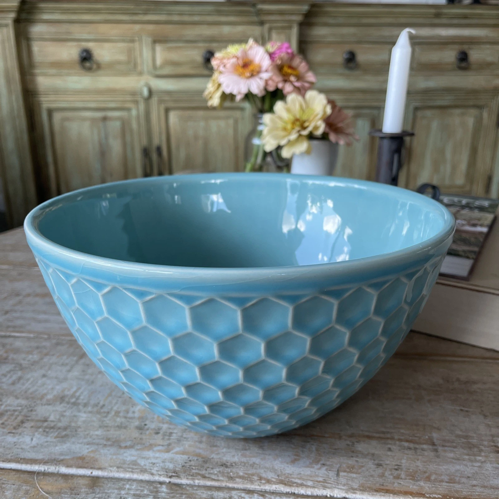 Primagera Turquoise Honeycomb Mixing Bowl Blue 10” Wide / 5.5” Tall - Portugal