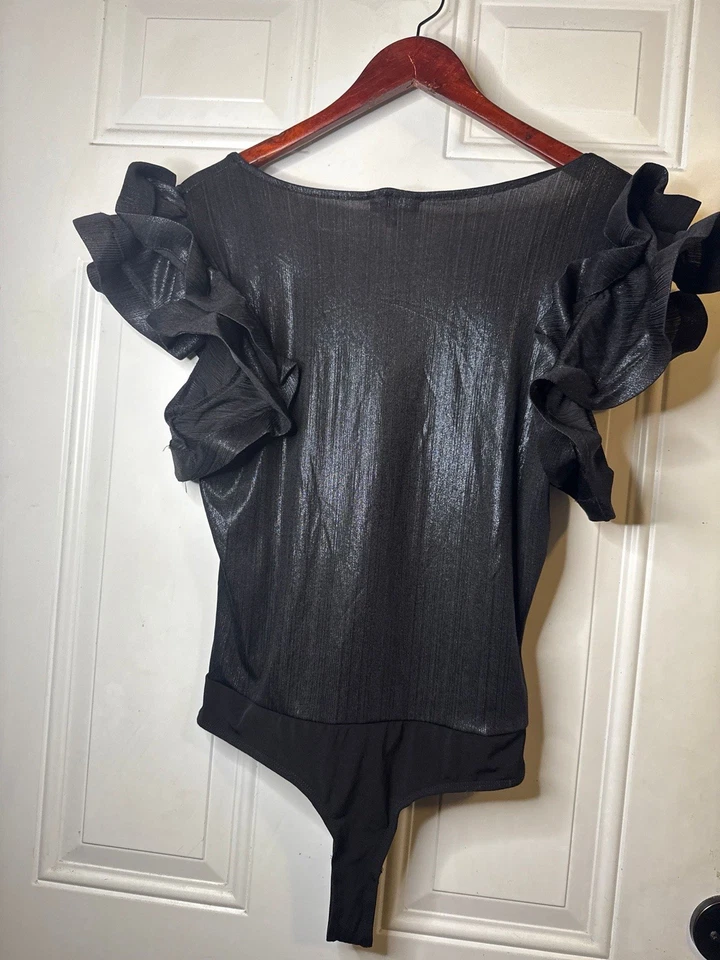Black Metallic Ruffle Sleeve Bodysuit – Elegant Shimmer Top Chic Style (Size M) - Image 4 of 4