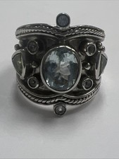 Designer MDJ Aquamarine & Sapphire & Diamond Wide Ring Band 925 Sterling Silver