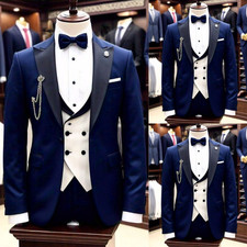 FREE Bow Tie Men Navy Blue Suit Wedding Groom Business Party Tuxedo Jacket 3Pcs