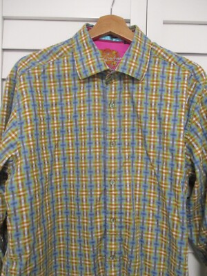 Robert Graham authentic blue green orange plaid cotton flip cuff shirt Large