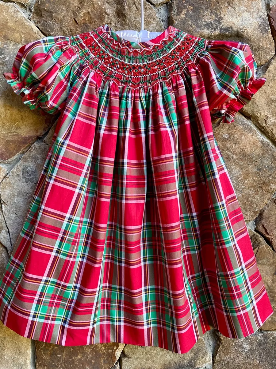 Smocked A Lot Girls Christmas Tartan Plaid Red Green Bishop Dress