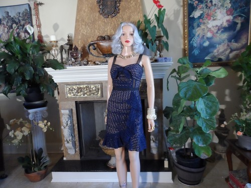 Self-Portrait Navy Blue Ruffle Detailed Guipure Lace Sheath Dress Size US 8 - Picture 3 of 24