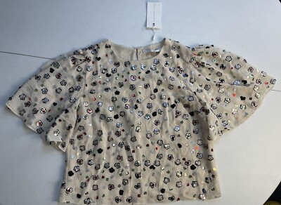 NWT Endless Rose Womens Beige Short Ruffle Sleeve Sequin Cropped Top Size Medium