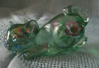Fenton Green Iridized Crouching Cat Hand Painted Carnival Glass Kitten Signed