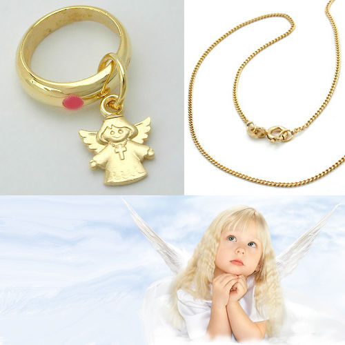 MäDchen Taufe Kreuz Engel Taufring Rubin Echt Gold 333 Mit Kette Silber 925 Vg-image