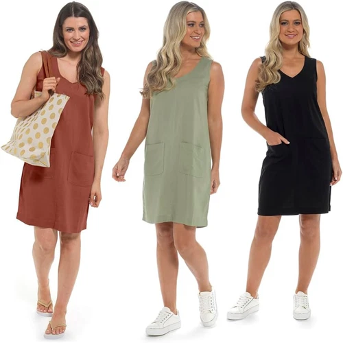 Women Linen Blend Shift Dress, Sleeveless Ladies Dress, Summer Dresses Ladies UK