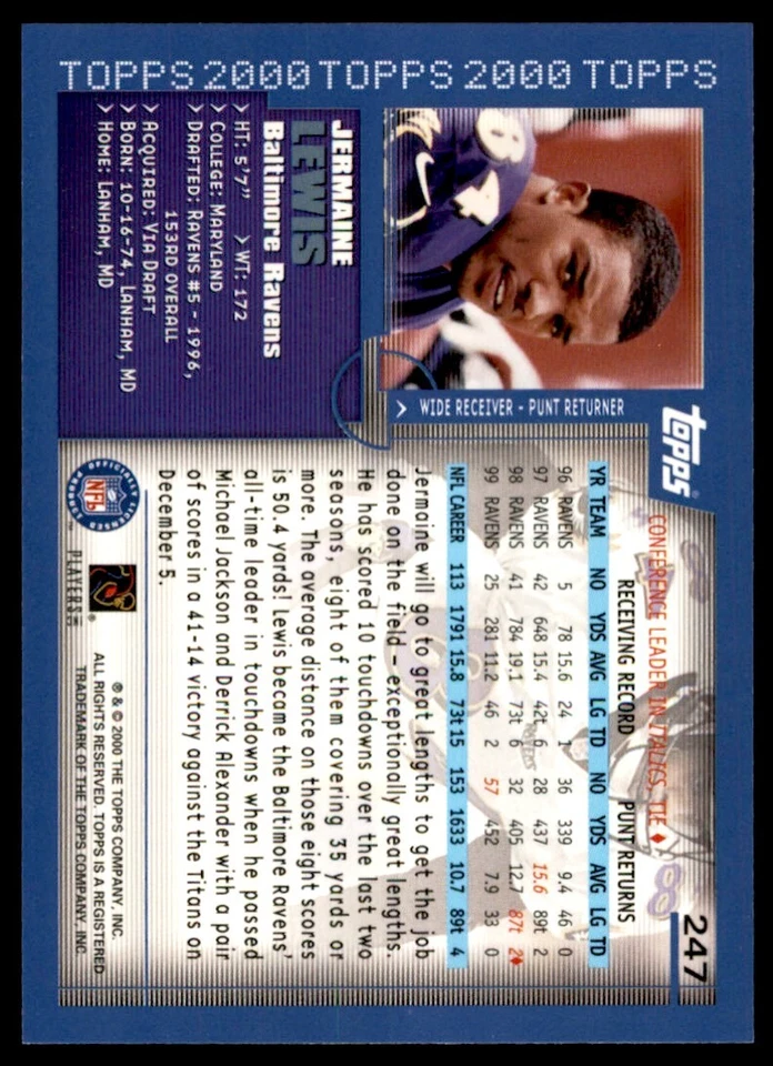 2000 TOPPS COLLECTION JERMAINE LEWIS BALTIMORE RAVENS #247 - Image 2 of 2