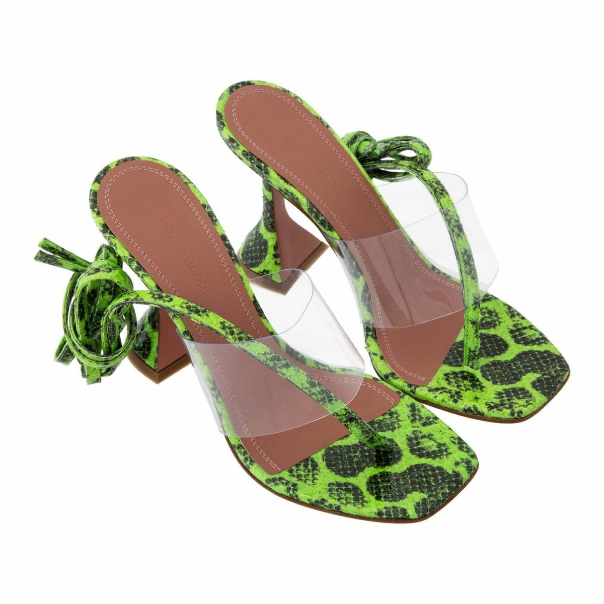Amina Muaddi Zula Ayer Green Snake Thong PVC Lace Up Tie Sandal