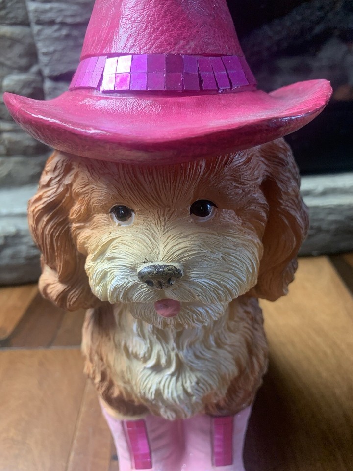 12" Country Western Dog Puppy Pink Cowboy Hat Boots Resin Statue Decor