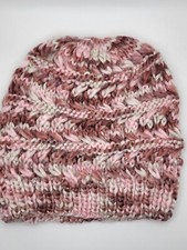 Beautiful Pink And White Handmade Wool Beanie One Size Knitted Made In USA