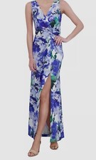 Eliza J Women's Blue Floral-Print Twist-Front Gown Dress Size 6