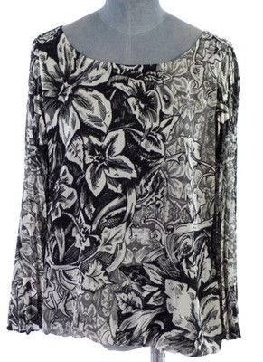 Alfani schwarz weiß Blumen Shirt Langarm U-Ausschnitt entspannt Plissee UK 12