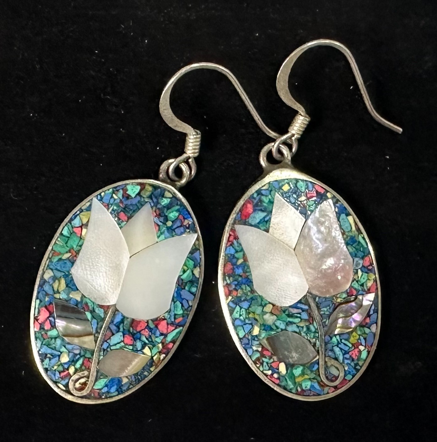 Signed ALPACA MEXICO Tulip Inlay Vintage Silver Tone Earrings Jewelry Lot I