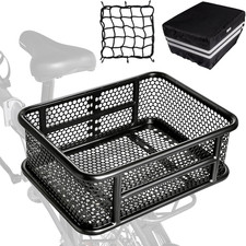 Bike Basket Rear with Reflective Waterproof Cover and Cargo Net, Perforated