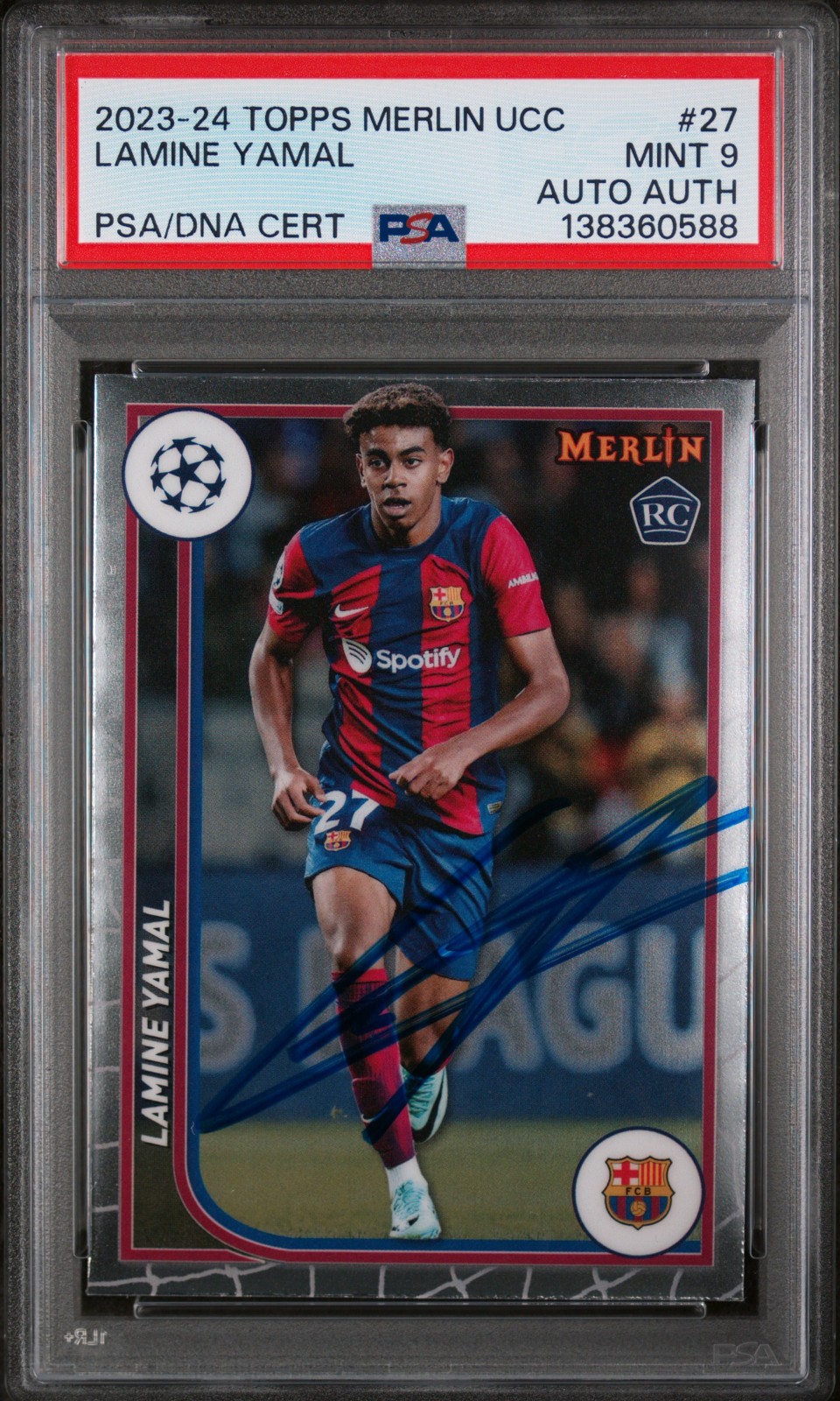 2023-24 Topps Merlin UEFA CC #27 Lamine Yamal Rookie RC PSA MINT 9 AUTO AUTH