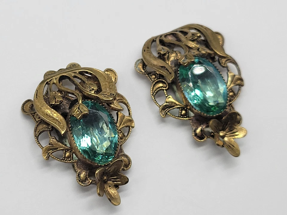 Art Nouveau Vestido Clip Par Antiguo Tono Dorado Flores Aqua Marino Color Piedra Foto 2 de 4