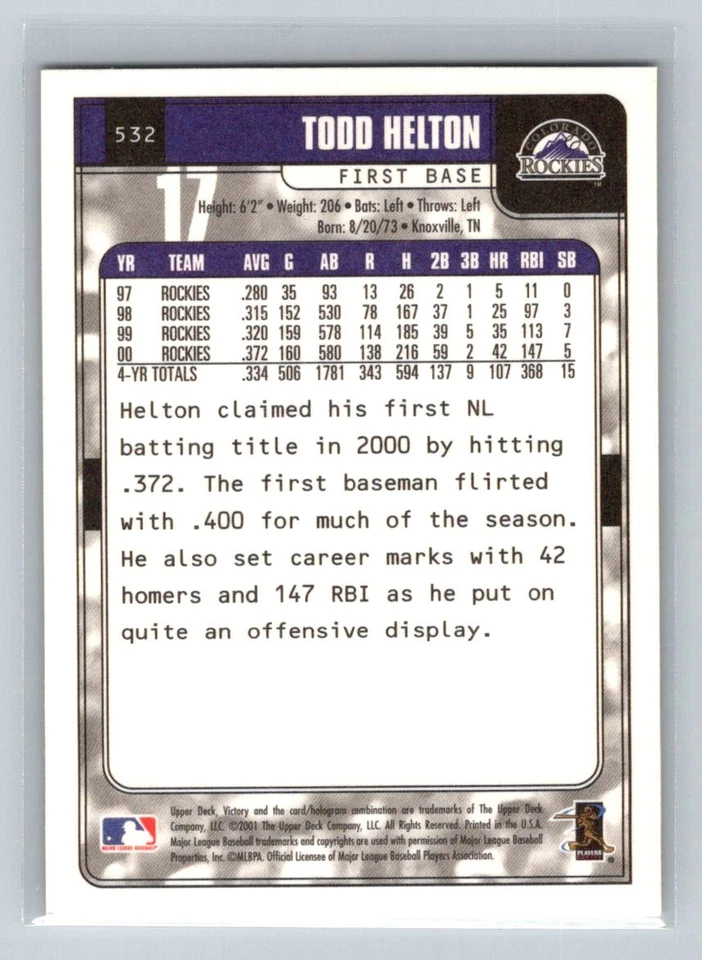 2001 Upper Deck Victory #532 Todd Helton Colorado Rockies Baseball Card - Image 2 of 2