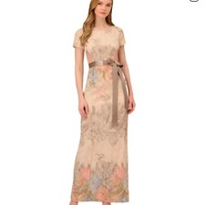 Adrianna Papell Matelasse Textured Column Gown 12 Blush Floral Multi Beige Maxi