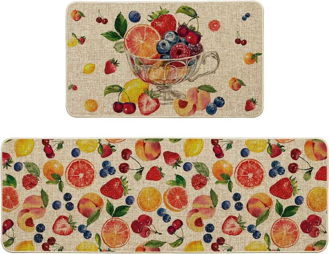 Fruit Peach Orange Strawberry Summer Kitchen Mats Set of 2, Seasonal Low