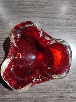 Murano Glas Vintage Aschenbecher Bubbles Smaragd Rot Sammlerstück wohl um 1960