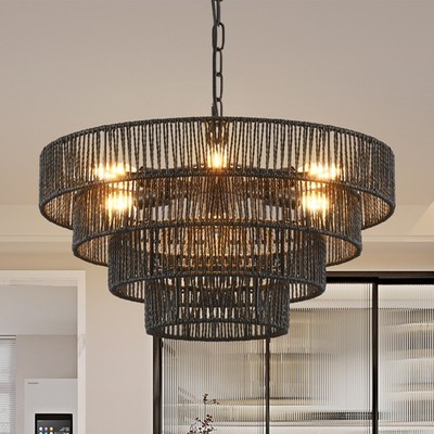 20'' Boho 4 Tier Rattan Pendant Light Farmhouse Black LED Chandelier Lamp Fixture