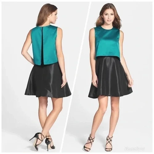 ERIN by Erin Fetherston Tippy Popover Satin Dress in Teal and Black - Size 0