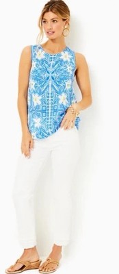 Lilly Pulitzer Iona Sleeveless Top Lunar Blue My Flutter Woven Size Medium EUC