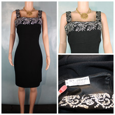 ST JOHN Evening Knit Black Dress M L 10 8 Sleeveless Floral Metallic White Studs