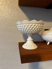 Vintage Fenton Hobnail milk glass footed bowl or compote
