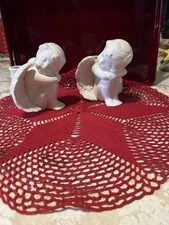 White Ceramic Angel Cherub Christmas Candle Holders Vintage Unmarked Pair