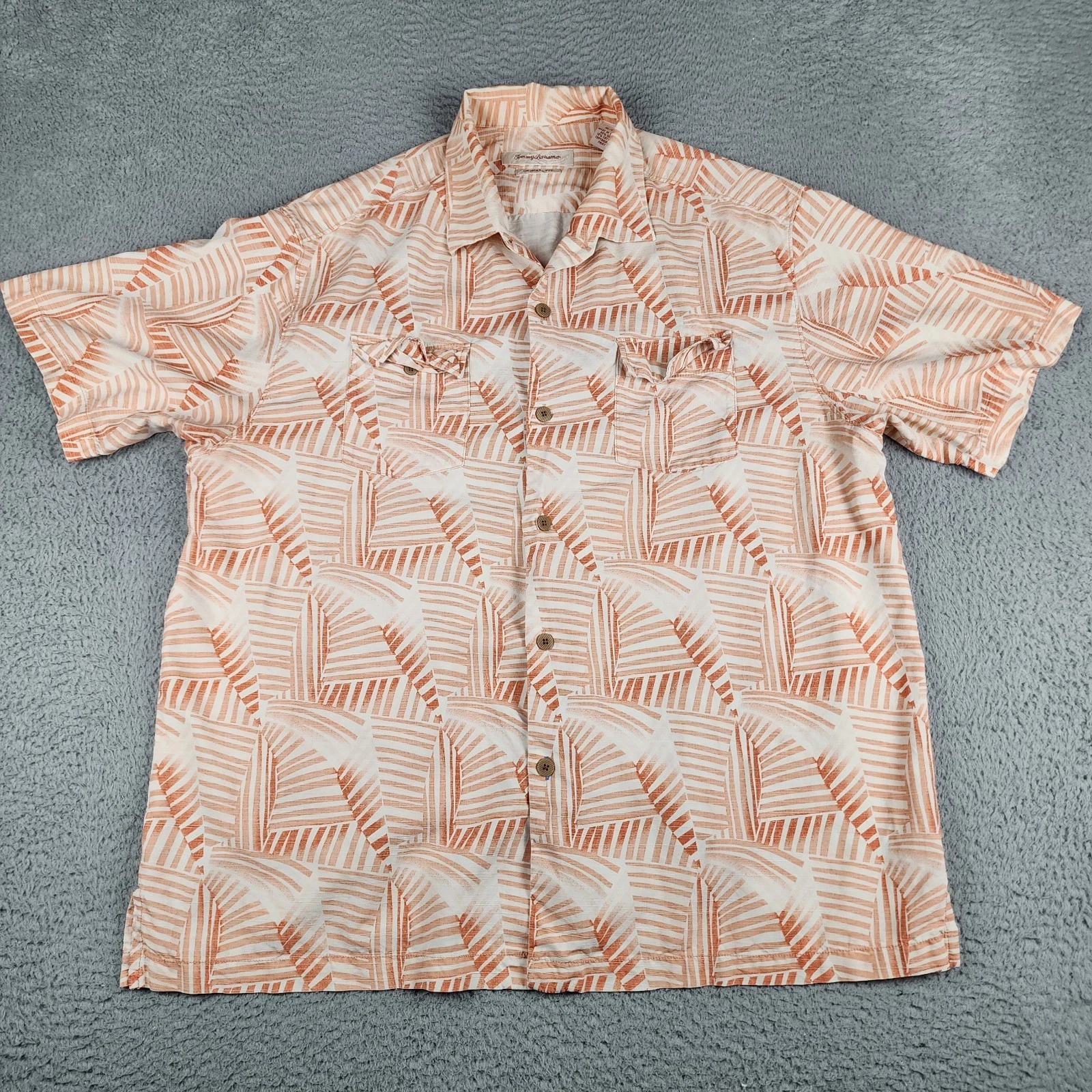 Tommy Bahama Shirt Mens Extra Large Orange Geometric Silk Blend Short Sleeve