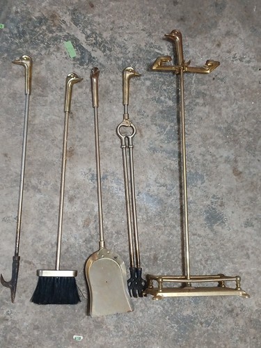 Vintage MCM Brass Mallard Duck Head Fireplace Tool Set 4 Tools & Stand