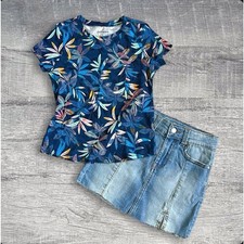 Old Navy Floral Leaf T Shirt & Light Wash Adjustable Skirt Girls 5t Outfit Set