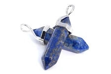 2 Pcs 39x8MM Lapis Lazuli Hexagonal Pointed Pendant A Silver Plated Cap