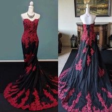 Gothic Black Red Mermaid Wedding Dresses Lace Strapless Bridal Gowns Sweep Train