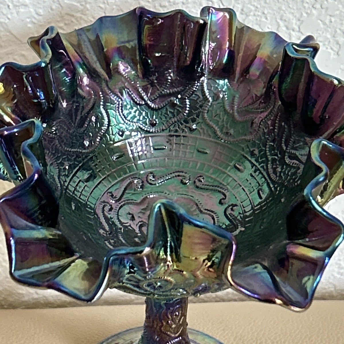 Vintage FENTON Purple Carnival Glass Compote Candy Bowl PERSIAN