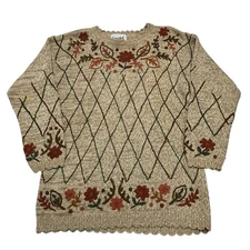 Vintage Teddi Sweater Womens S Brown Floral Embroidered Pullover Cottage Grandma