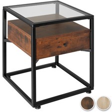 Nachttisch Beistelltisch mit Schublade offene Ablage Glas Holz Metall Industrial