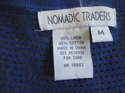 Nomadic Traders Medium Women's Shirt V-Neck Linen Cotton Knit Blue Pulled Thread - Picture 3 of 6