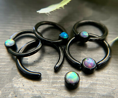 #ad 1pc Opal Set Flat Back Black Plated Captive Bead Ring Septum Nipple Body Jewelry $9.95