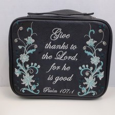 Montana West Faux Leather Bible Cover Psalm 107:1 Floral Embroidered Zip Black